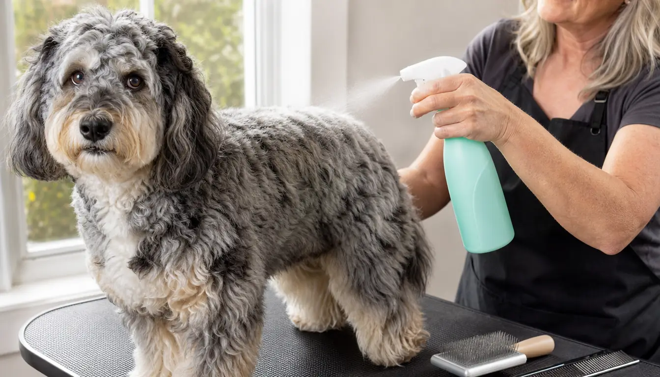 A hand misting a detangler spray onto the coat of a fluffy blue merle Aussiedoodle before brushing