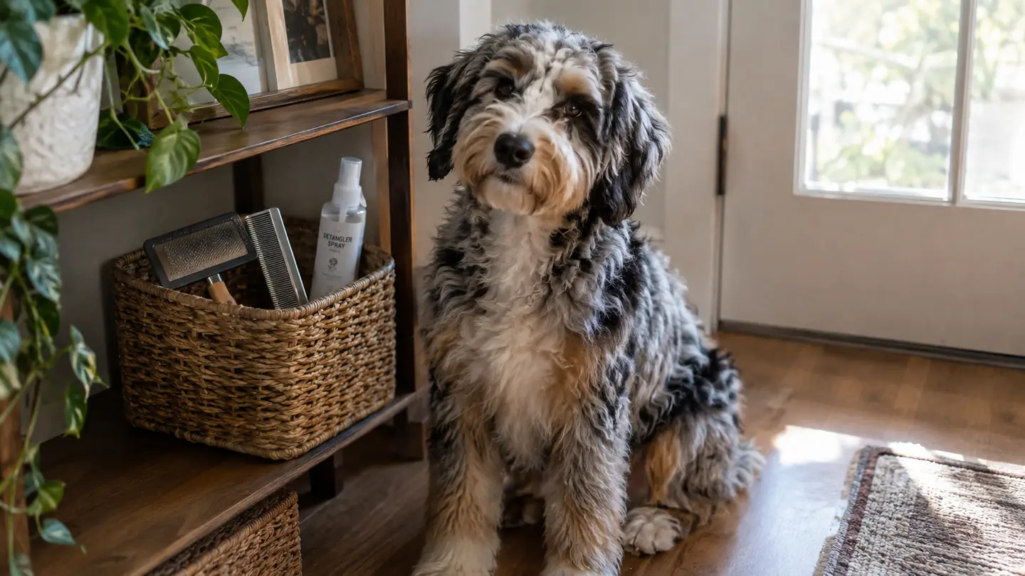 A fluffy blue merle Aussiedoodle sitting on a living room floor next to a basket holding a slicker brush, a steel comb and a detangler spray bottle