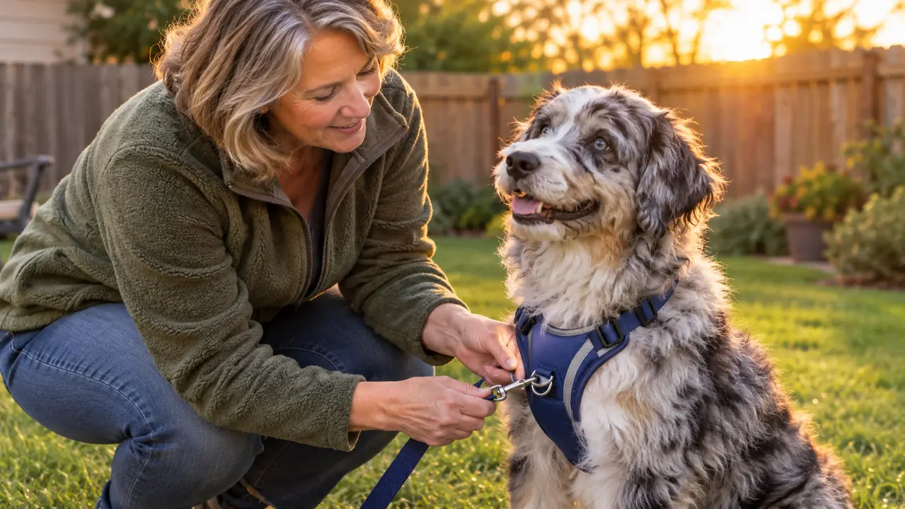 A woman in her fifties attaching a leash to the front clip of a padded harness on a fluffy blue merle Aussiedoodle in a fenced backyard