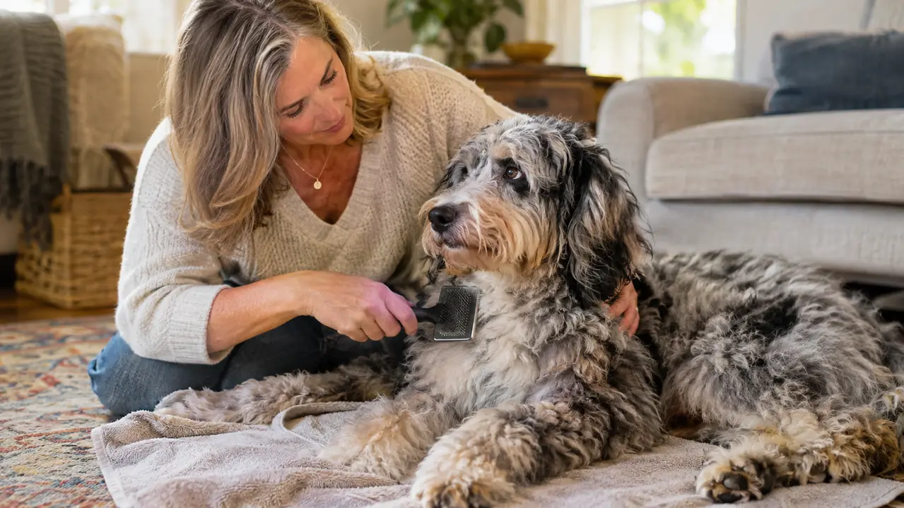 A fluffy blue merle Aussiedoodle lying on an old towel on a living room floor while a woman in her fifties brushes the chest area with a slicker brush