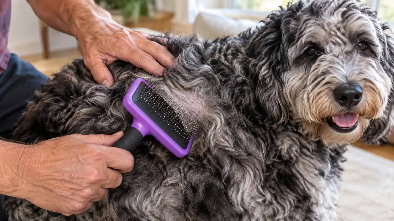 Close view of a hand holding a slicker brush against the wavy curly coat of a large dog