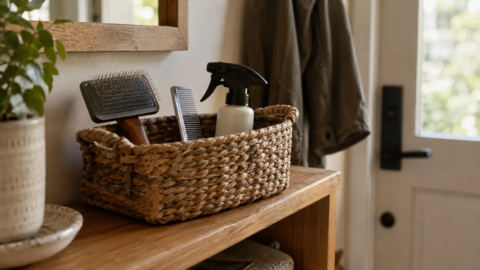 A woven basket on a shelf by a back door holding a slicker brush, a steel comb and a spray bottle