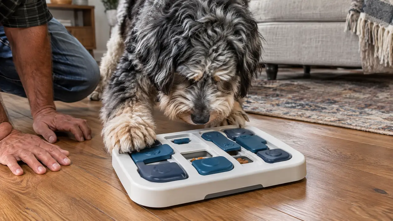 A dog nosing a treat puzzle on a living room floor, with the puzzle's sliding blocks and lids visible