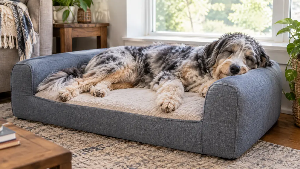 A fluffy blue merle Aussiedoodle stretched out asleep on an orthopedic dog bed with a removable cover in a bright living room