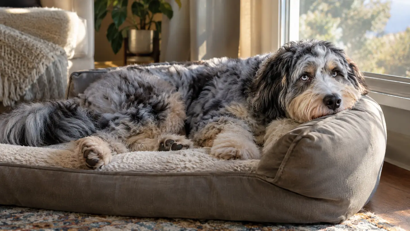 A fluffy blue merle Aussiedoodle sprawled on an orthopedic dog bed after a walk, head resting on the raised bolster edge