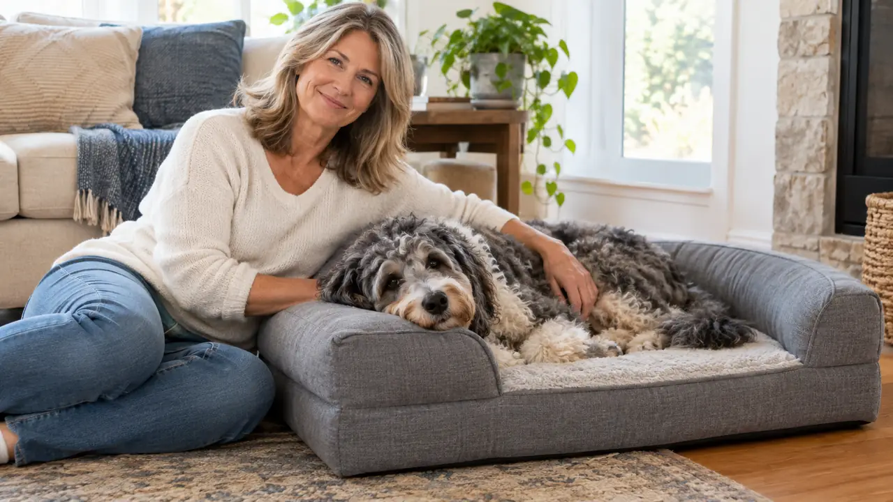 a woman in her fifties sitting on the floor beside an Aussiedoodle lying on an orthopedic dog bed, the dog's head resting on the raised edge