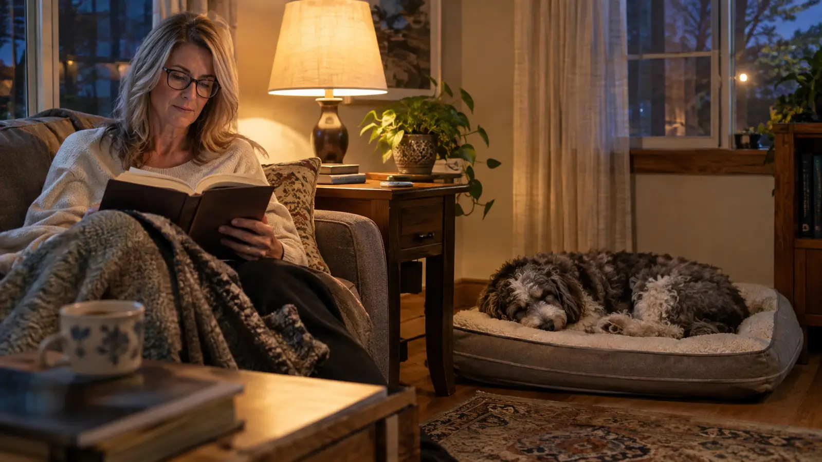 an Aussiedoodle asleep on an orthopedic dog bed while a woman in her fifties reads on a nearby couch in the evening, warm lamp light