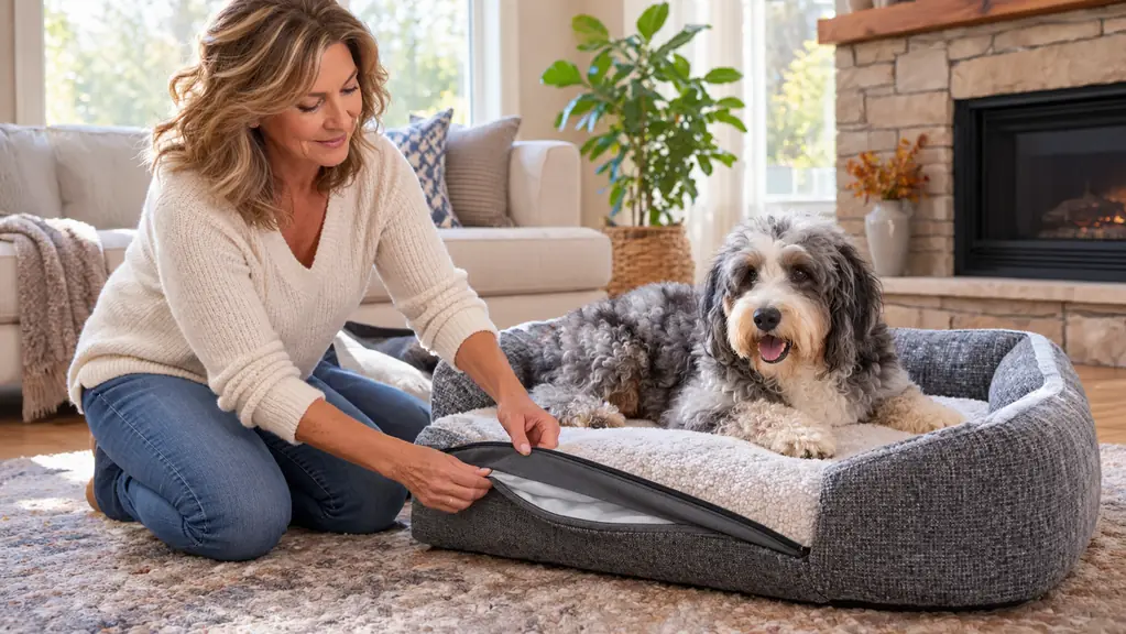 A woman in her fifties smoothing the removable cover on a large orthopedic dog bed while the dog lies on it