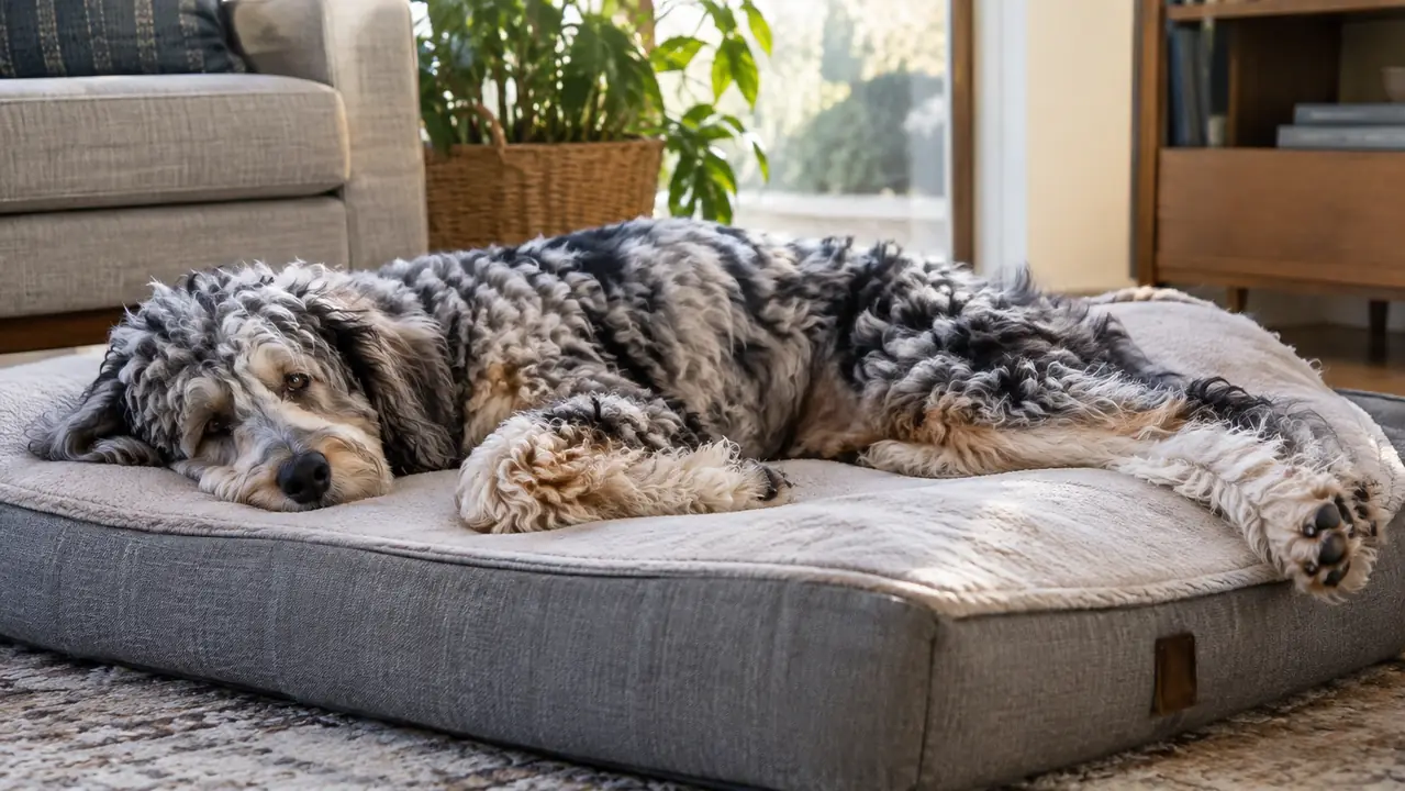A large dog flopped on its side across an orthopedic bed, back legs stretched out, clearly relaxed