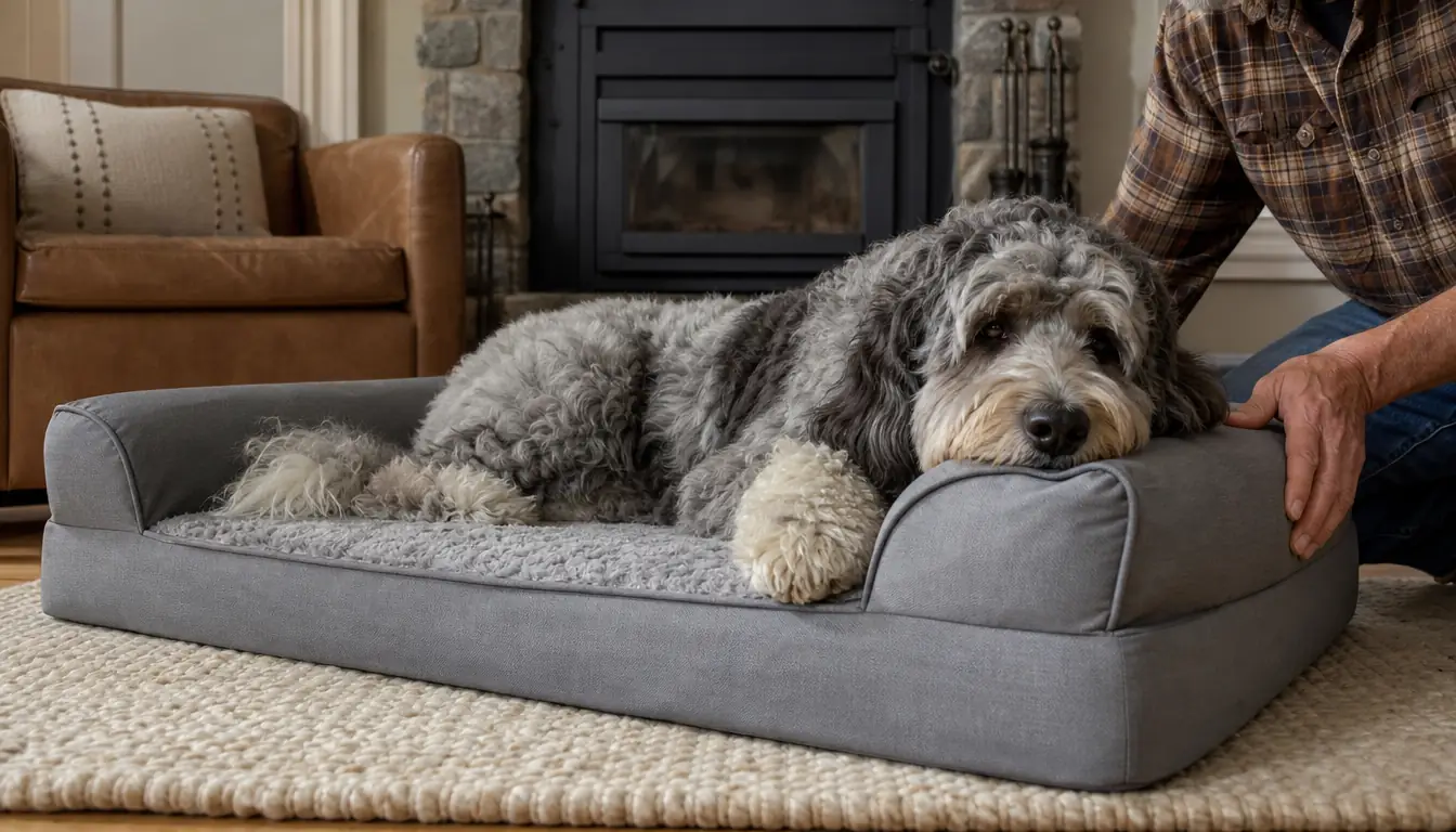 A large dog lying on an orthopedic dog bed with its head resting on the raised bolster edge