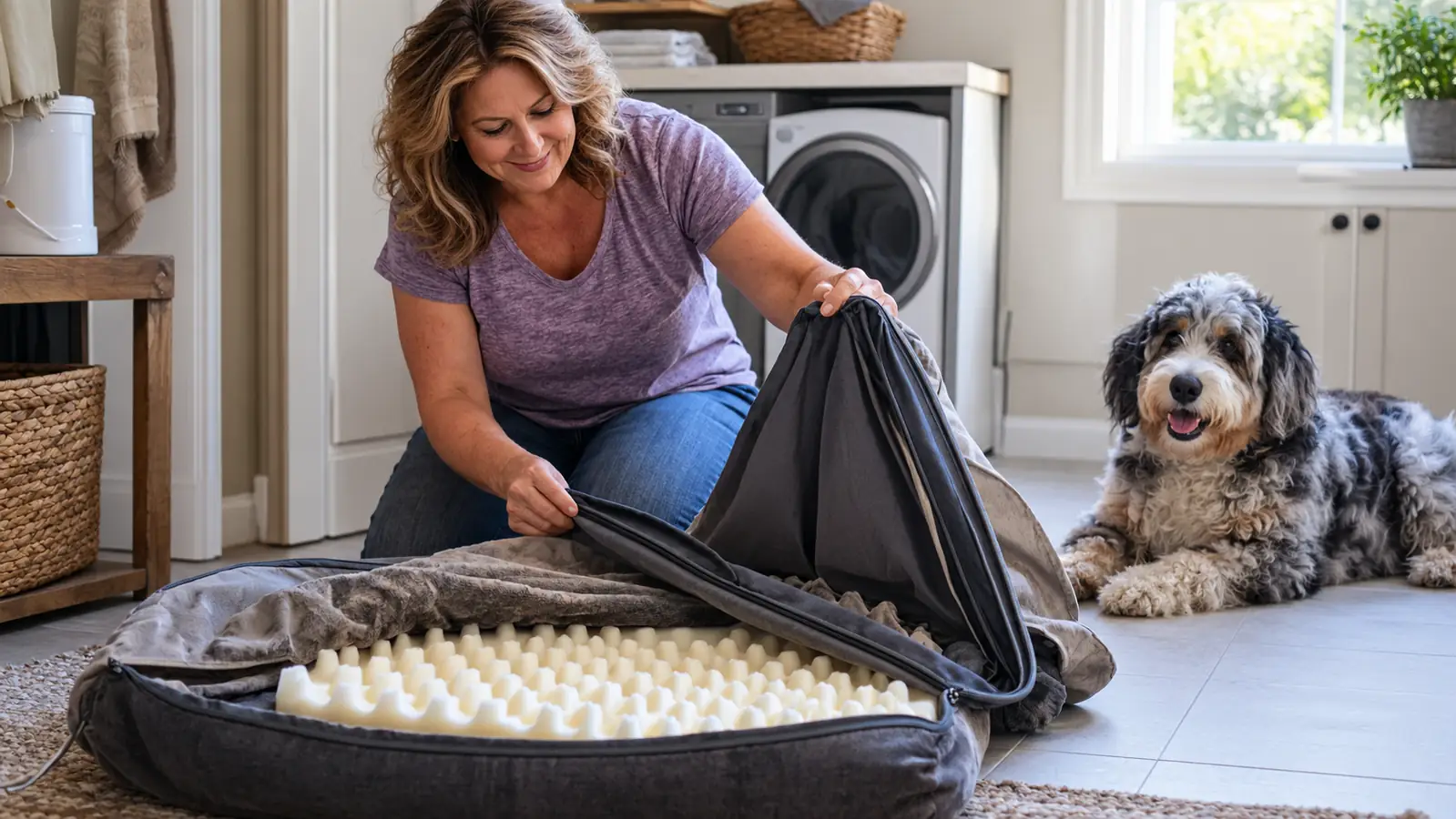 A woman removing the zippered cover from a foam dog bed base in a laundry room