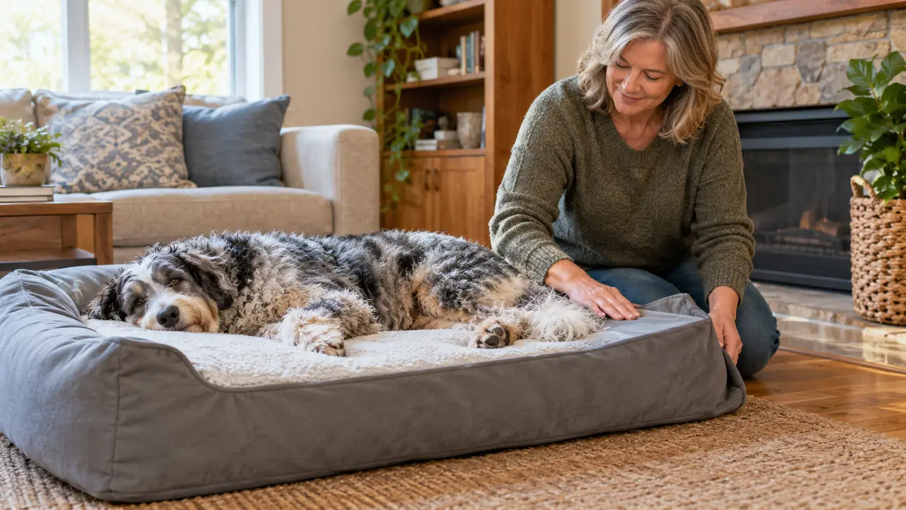 A large dog stretched out on an orthopedic dog bed while a woman smooths the cover