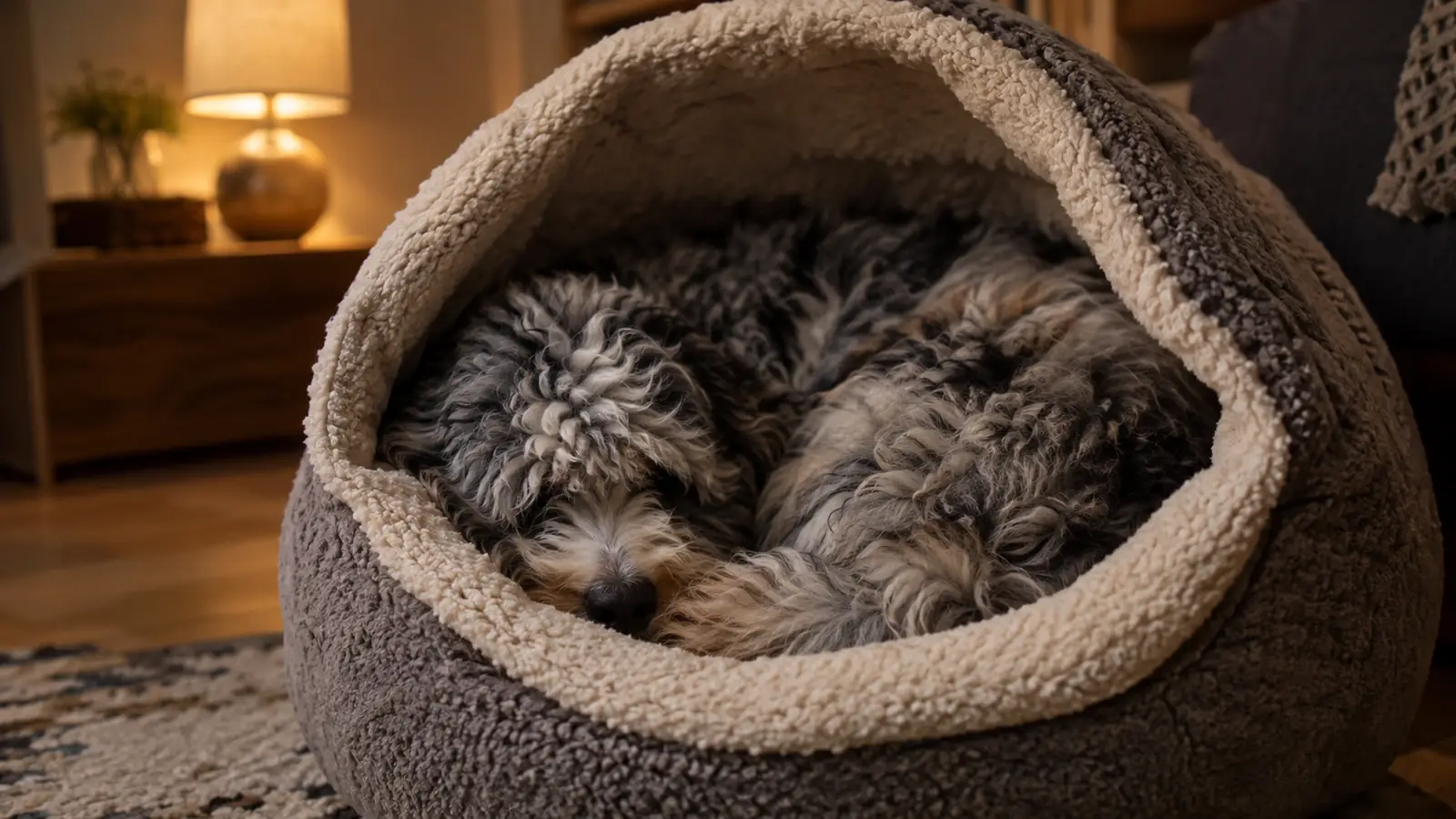 A dog curled inside a hooded burrow-style bed with only the tip of its nose visible