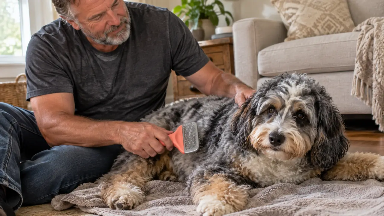 A woman's hand brushing a large fluffy dog's back in small sections with a slicker brush while the dog lies on a towel on the floor