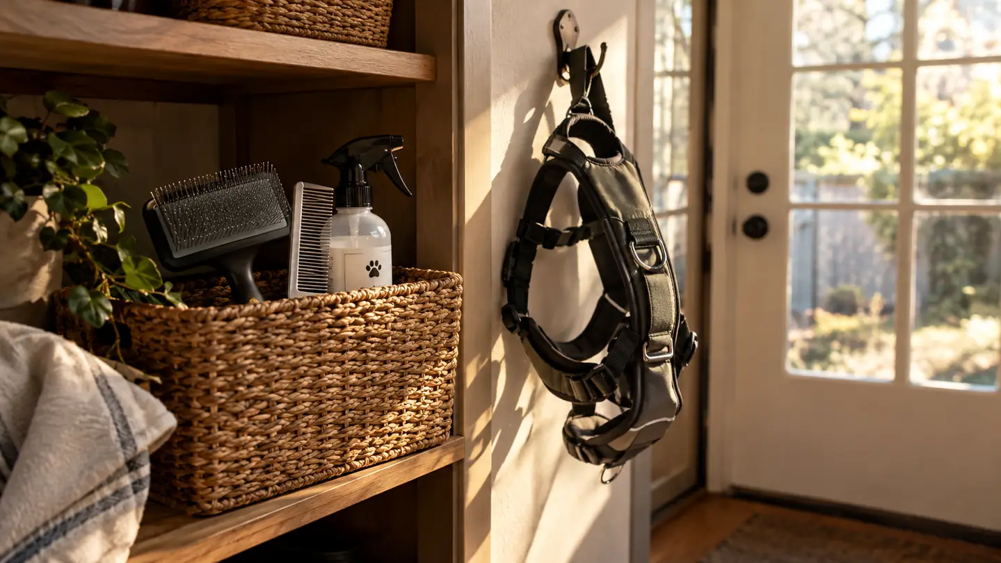 A basket on a shelf by a back door holding a slicker brush, a steel comb and a spray bottle, with a harness hanging on a hook nearby