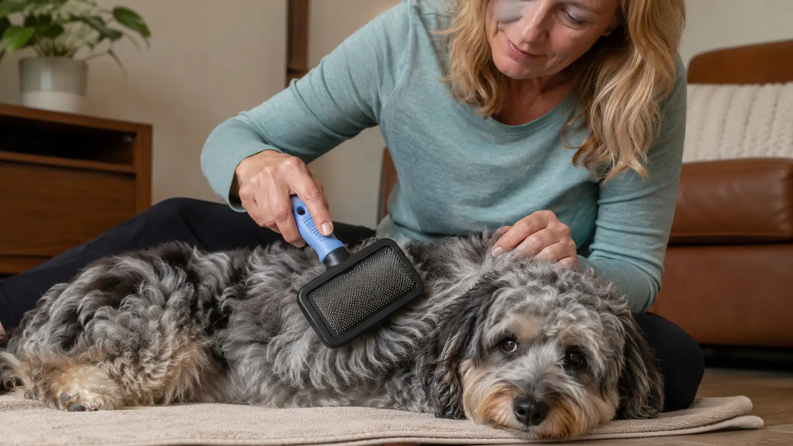 A close view of a large slicker brush gliding through a small section of a fluffy dog's wavy coat