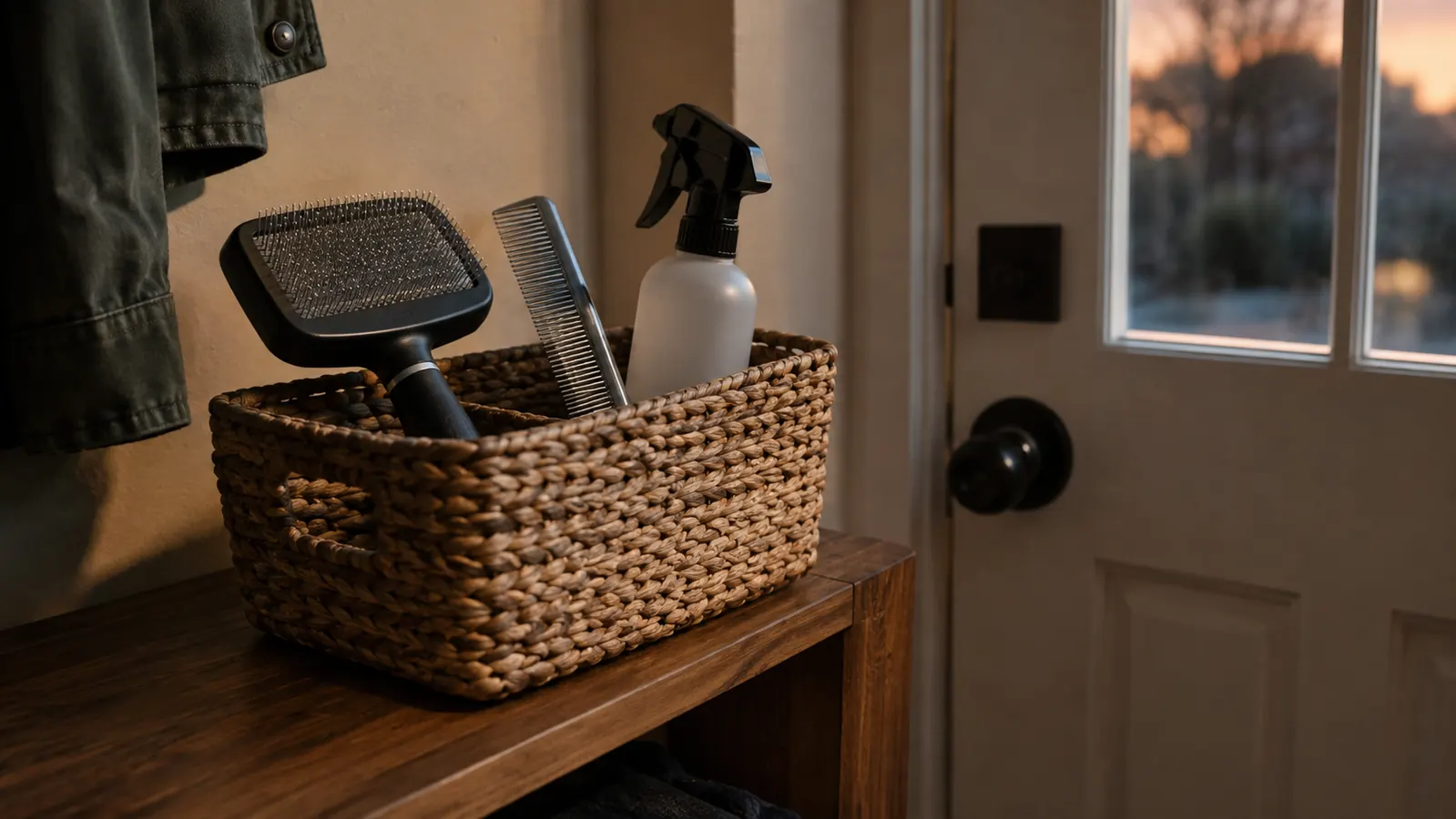 A basket on a shelf by a back door holding a large slicker brush, a plain steel comb and a spray bottle