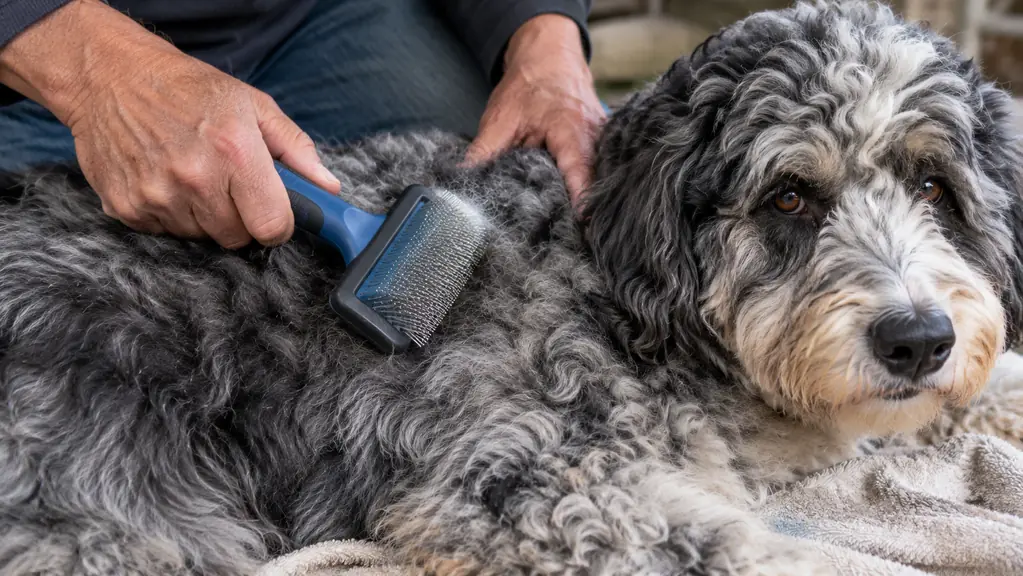 Close view of a hand brushing a large fluffy dog's coat in a small section with a slicker brush while the dog lies on a towel
