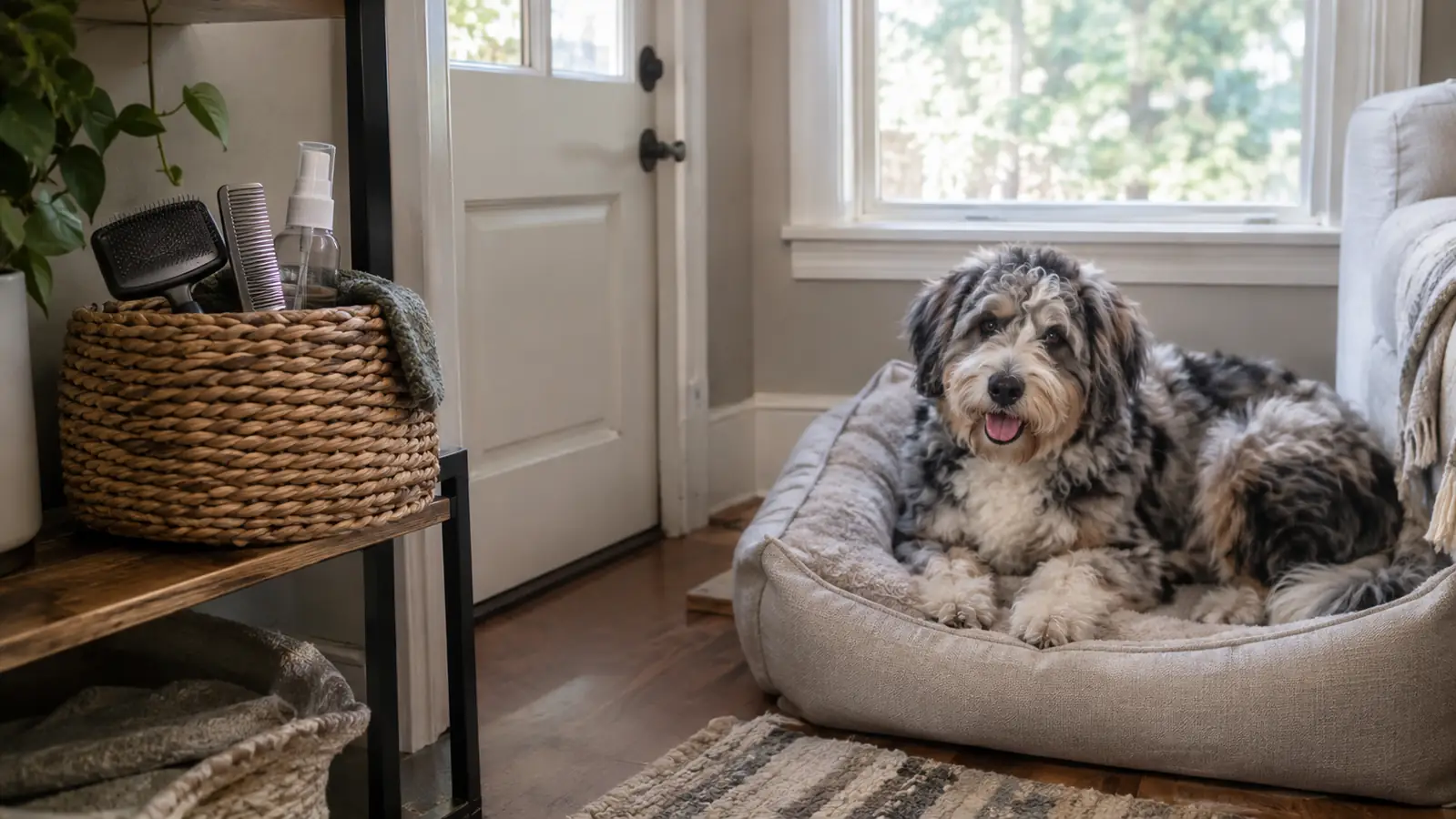 A woven basket on a shelf by a back door holding a slicker brush, a steel comb, and a spray bottle, with a dog bed in a living room corner