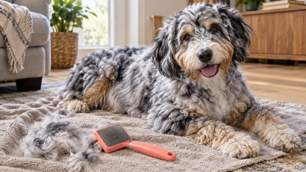 A coral-handled slicker brush resting on an old towel beside a relaxed fluffy Aussiedoodle lying on a living-room floor