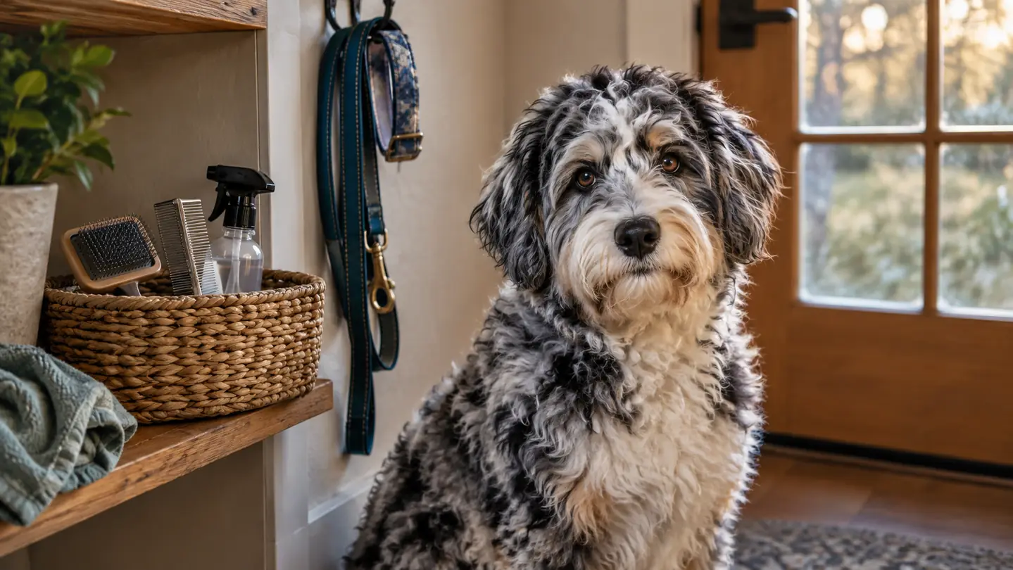 A basket on a shelf by a back door holding a slicker brush, a steel comb and a spray bottle, with a dog leash hanging on a hook above