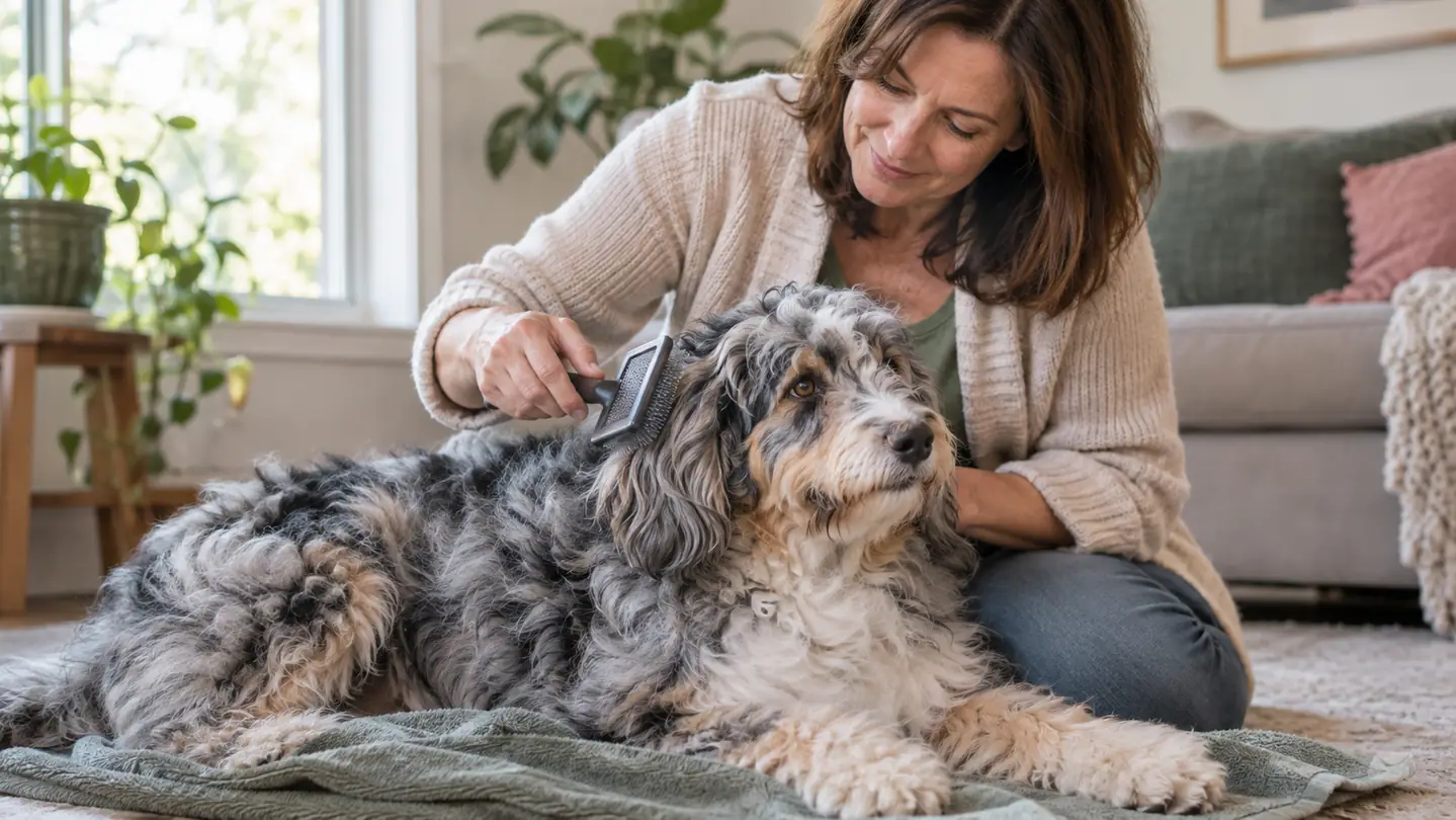 A woman gently brushing a fluffy blue merle Aussiedoodle lying on a towel on a living-room floor