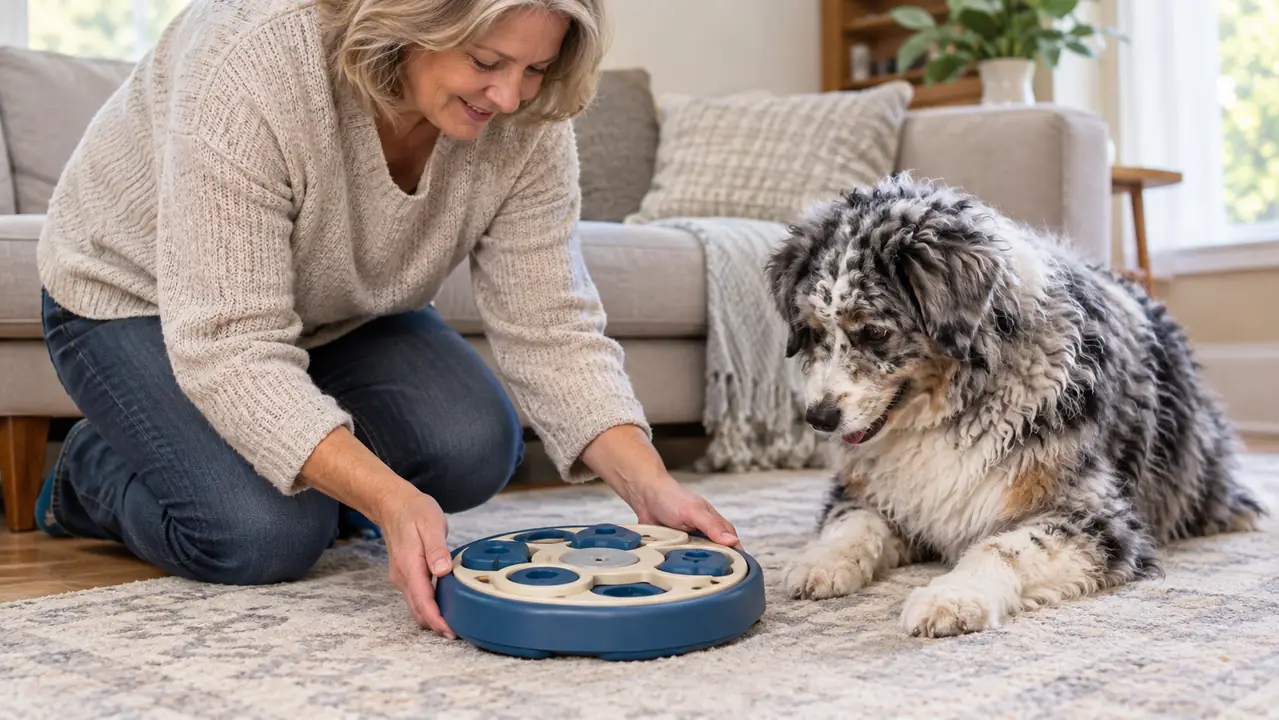 A woman in her fifties placing a treat puzzle on the floor in front of a fluffy Aussiedoodle