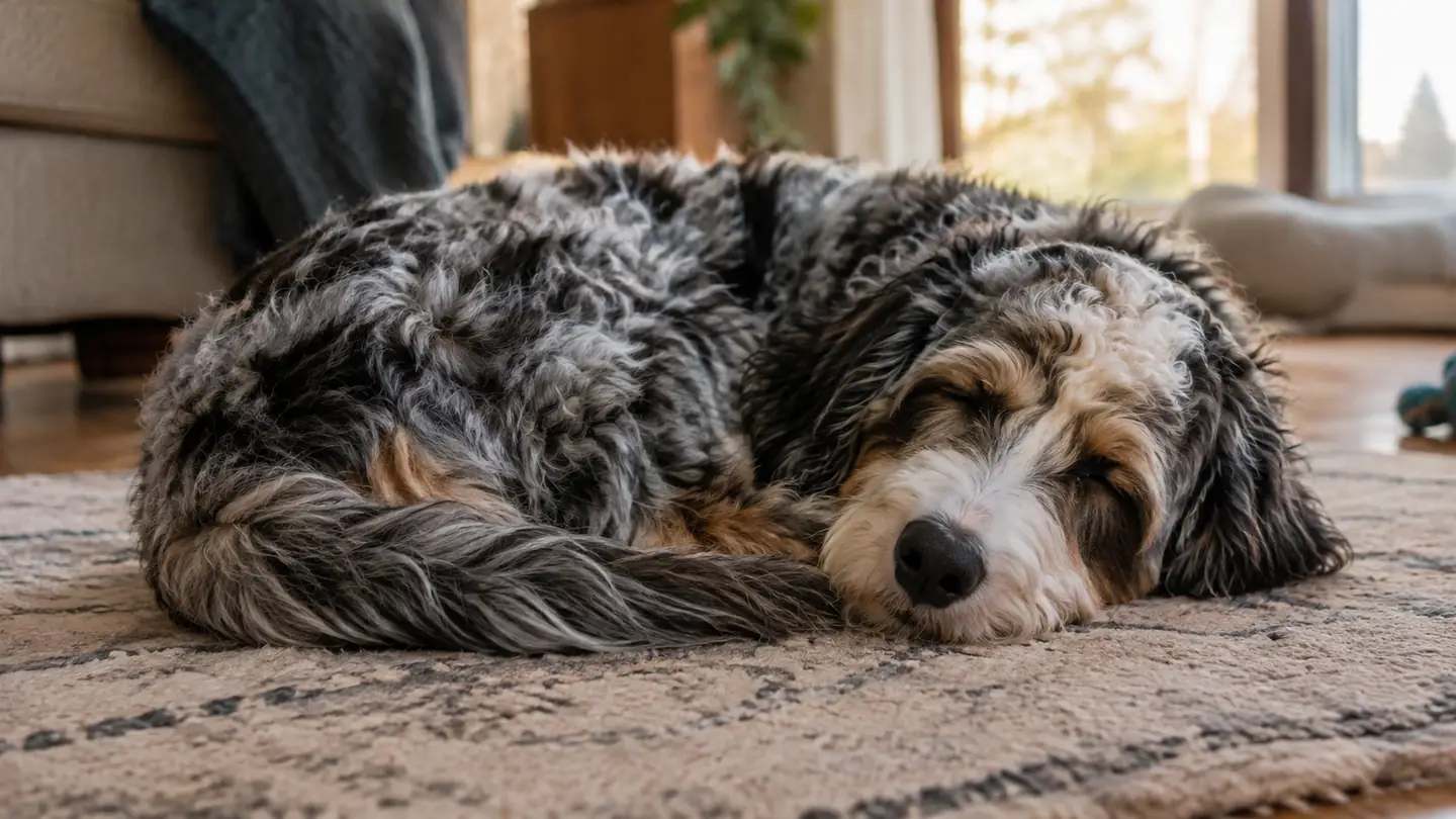 A fluffy blue merle Aussiedoodle napping on a rug after working a treat puzzle