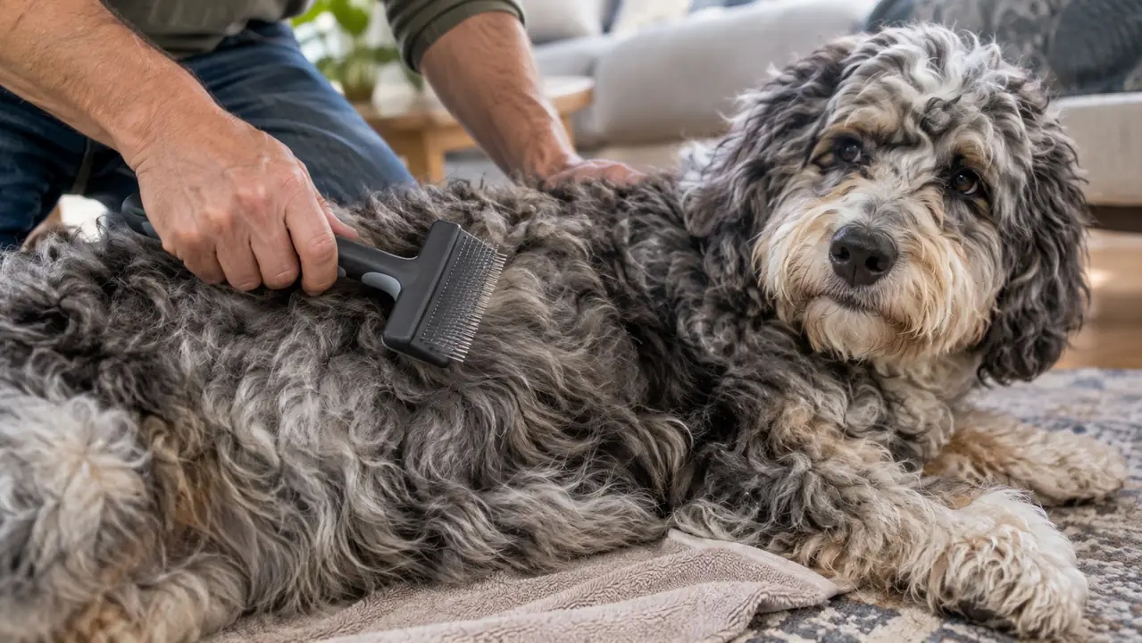 A hand holding a slicker brush with long metal pins working through the thick curly coat of a large fluffy dog lying on a towel