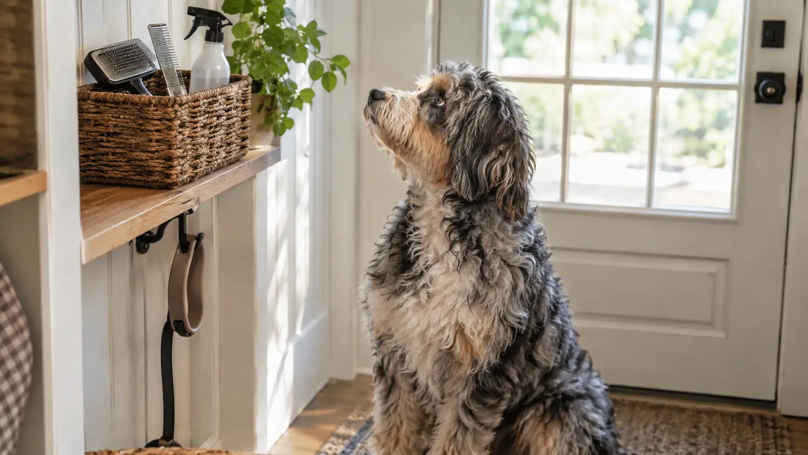 A basket on a shelf by a back door holding a slicker brush, a steel comb, and a spray bottle, with a large fluffy curly-coated dog sitting on the floor nearby