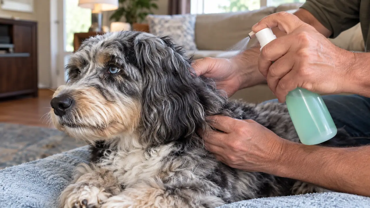 A hand misting a detangler spray onto a section of a fluffy blue merle Aussiedoodle's coat behind the ear before brushing