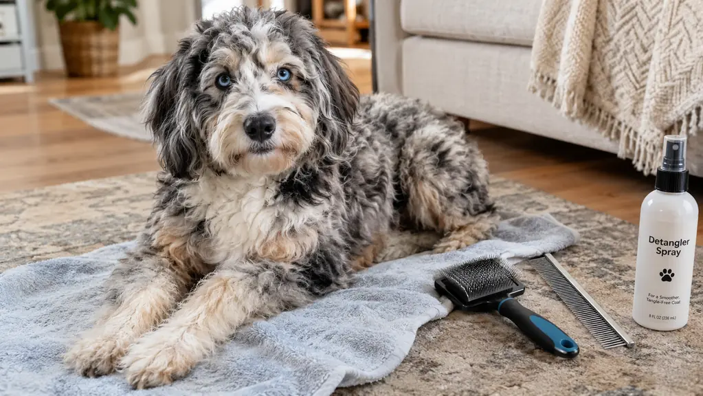 A fluffy blue merle Aussiedoodle lying on a towel with a slicker brush, a steel comb and a detangler spray bottle arranged on the floor beside it