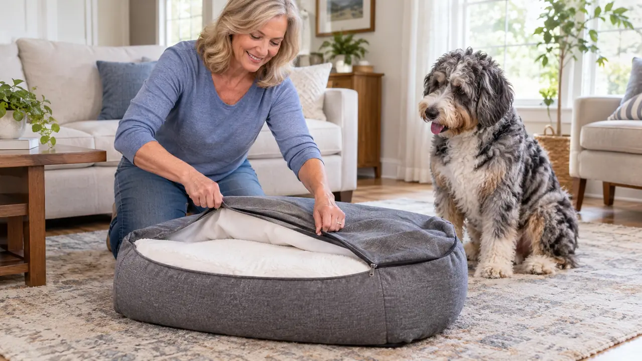 A person in her fifties unzipping the cover of a large dog bed with a fluffy curly dog watching nearby