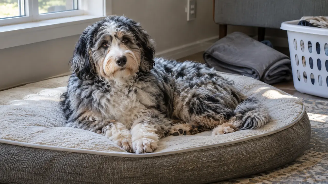 A fluffy curly dog lying on a large dog bed in a living room corner, with a folded cover and a laundry basket nearby