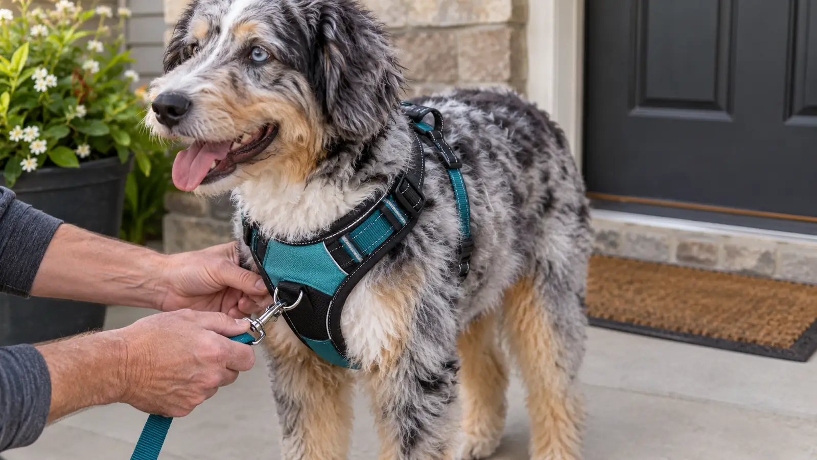 A hand clipping a leash to the front ring of a padded no pull harness on a fluffy blue merle Aussiedoodle before a walk