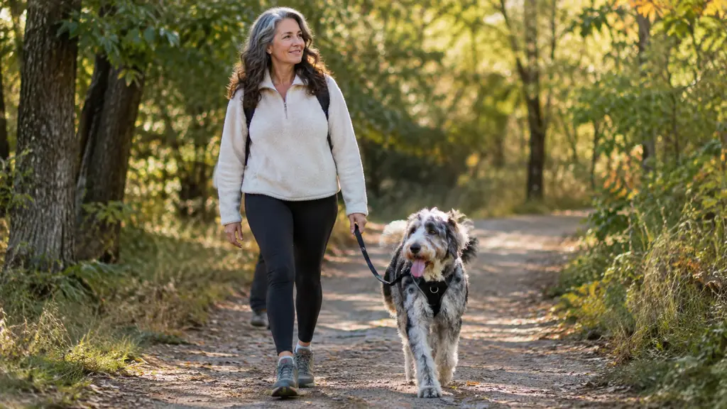 A fluffy blue merle Aussiedoodle walking calmly beside a woman in her fifties on a tree-lined trail, wearing a padded harness