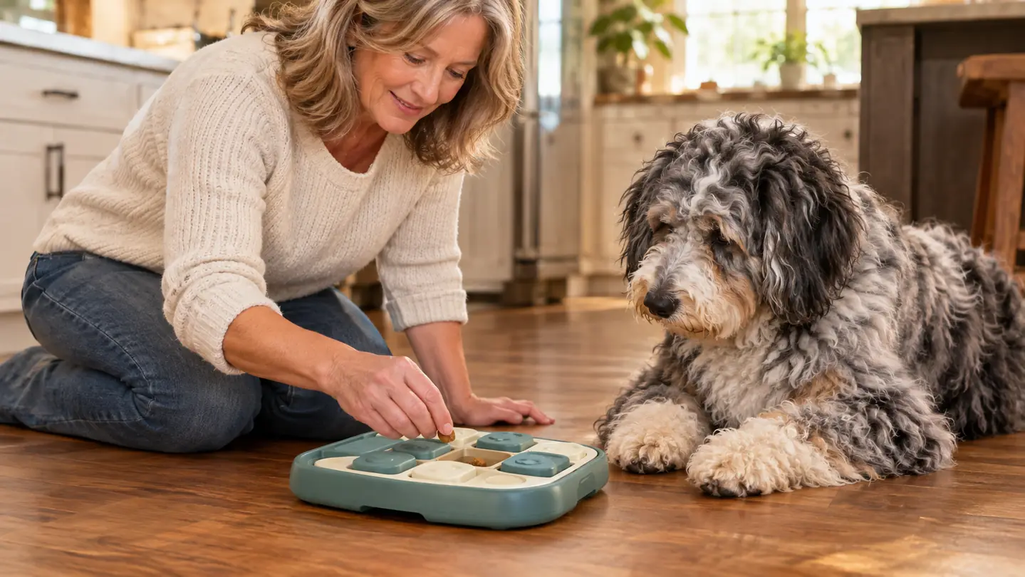 A woman in her fifties placing a treat into a puzzle while a large fluffy dog watches closely