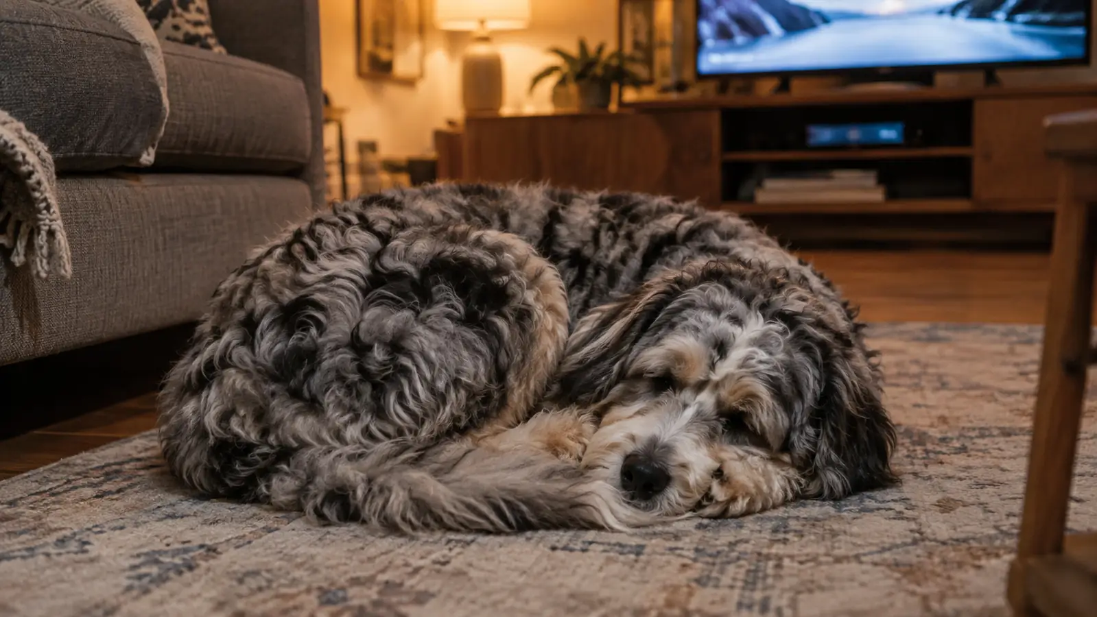 A large fluffy dog curled up asleep on a rug in a living room