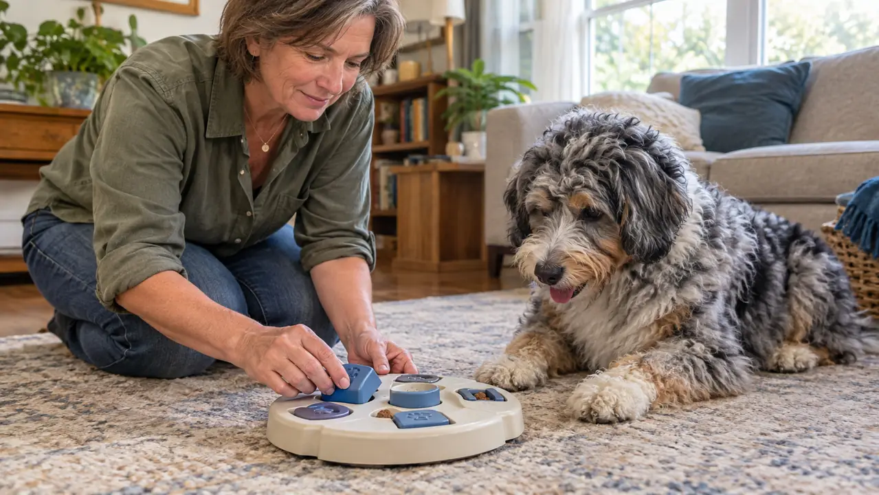A woman in her fifties placing a treat puzzle on the floor in front of a fluffy blue merle Aussiedoodle