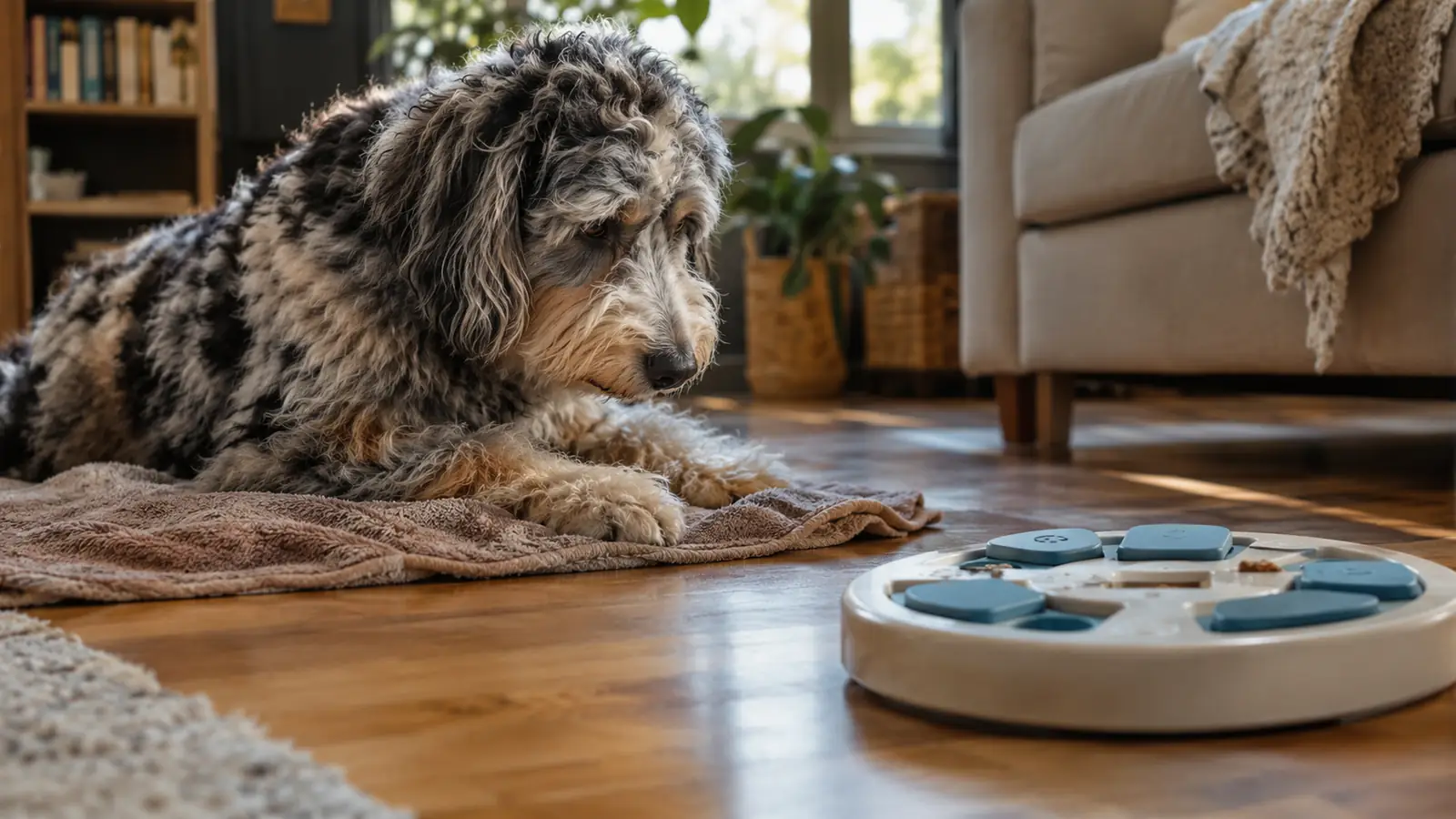 A fluffy blue merle Aussiedoodle lying on an old towel in a living room, looking at a treat puzzle