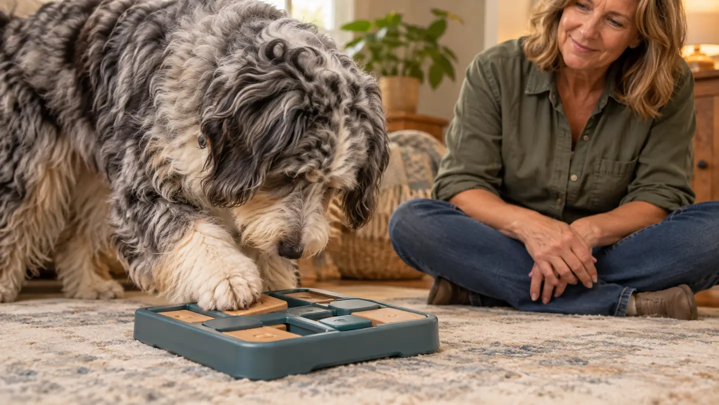 A dog working at a treat puzzle on the living room floor, pushing a sliding block with its nose.