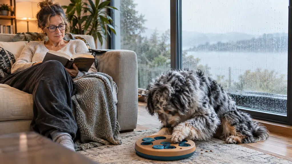 A large fluffy dog working at a treat puzzle by a window on a rainy afternoon.
