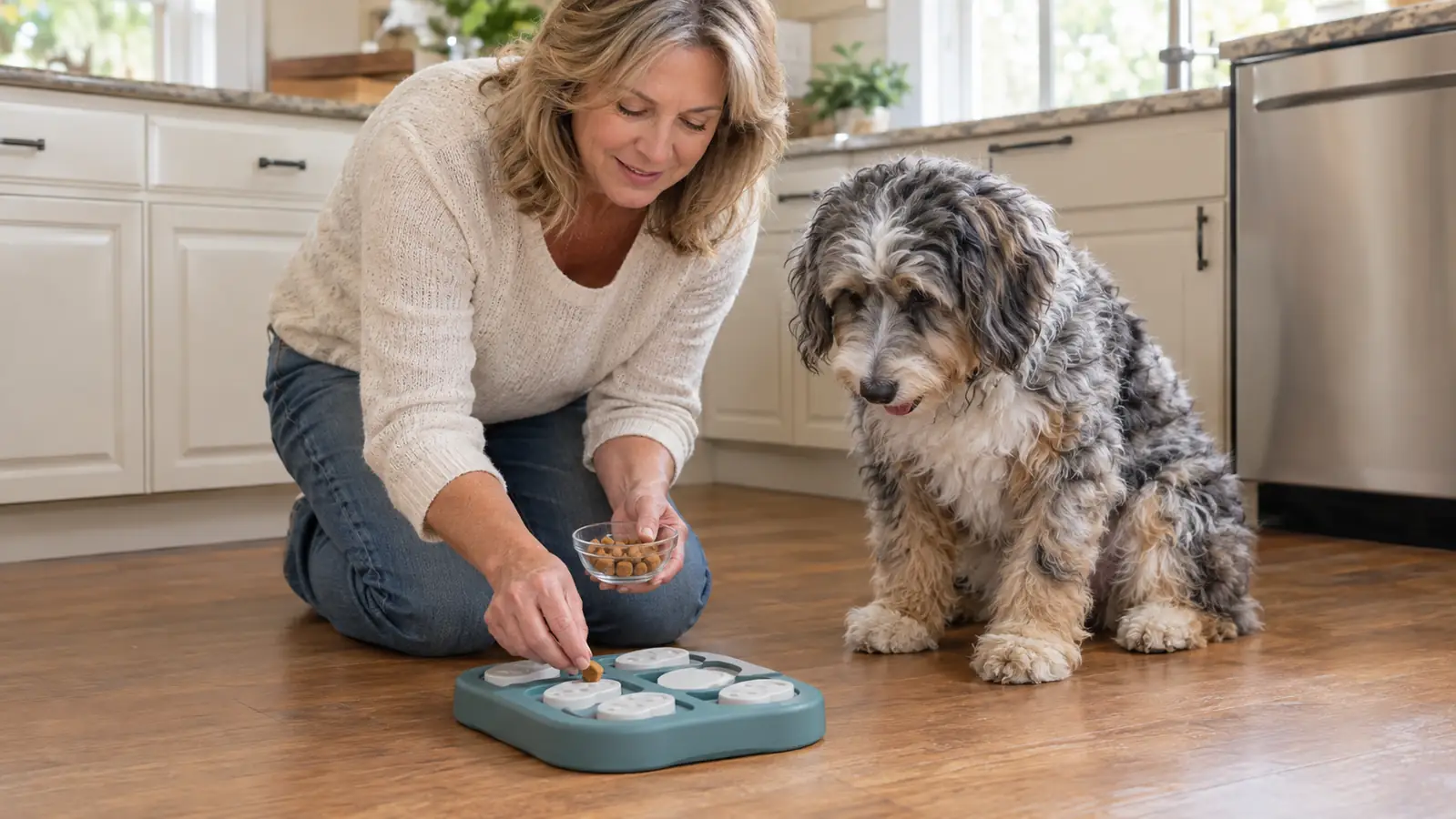 A woman in her fifties placing small treats in a treat puzzle tray on a kitchen floor while a fluffy dog watches closely