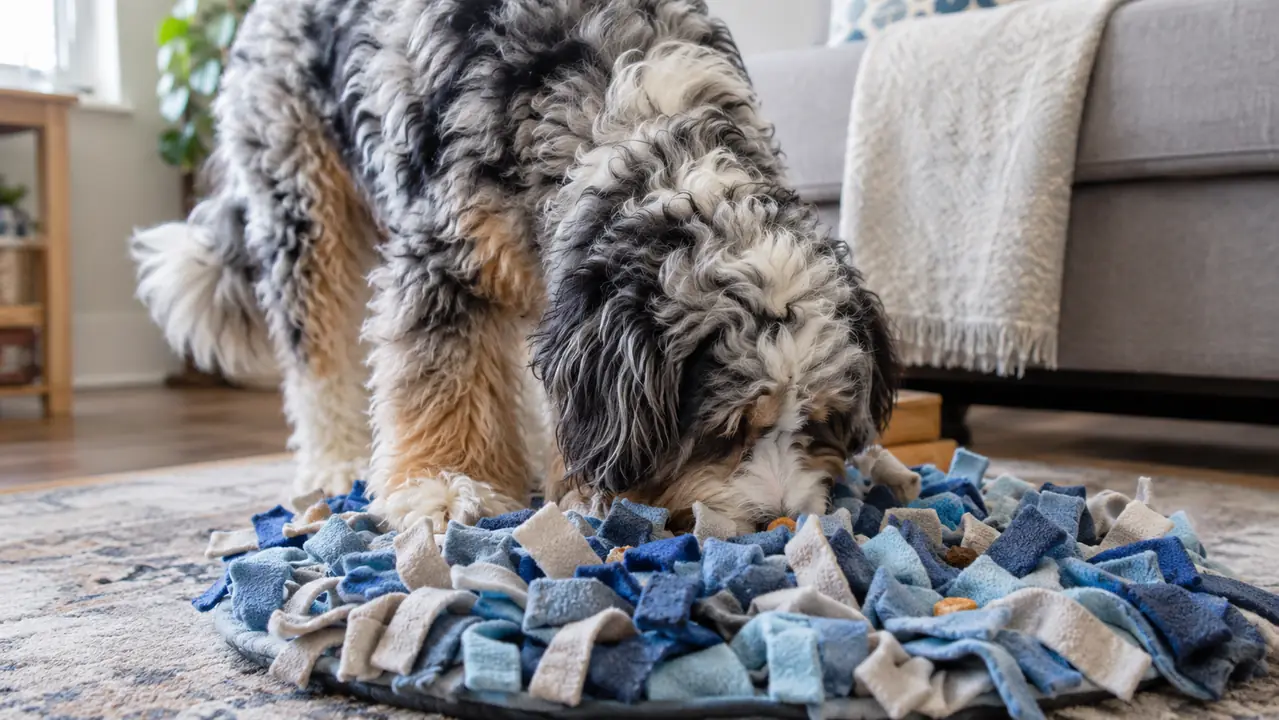 A fluffy dog pushing its nose into a fleece snuffle mat on a living-room floor