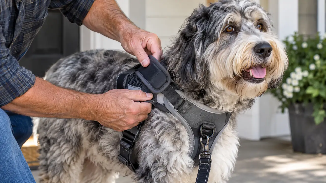 A hand adjusting the padded strap of a vest-style harness on a large fluffy dog standing on a porch.