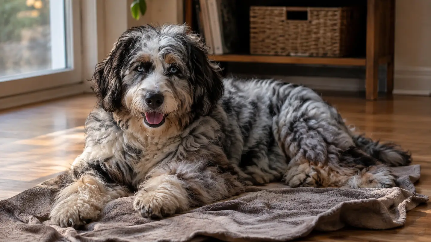 A large fluffy dog resting on a towel on a living room floor after a walk, soft evening light.