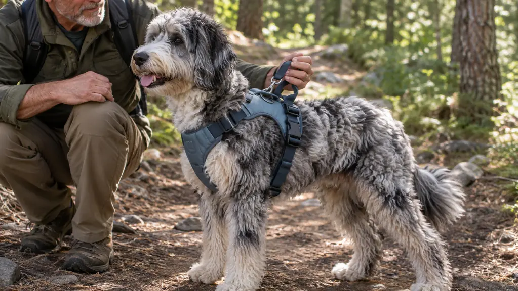 A large dog wearing a padded vest-style harness with a front clip and a back clip, standing calmly on a wooded trail