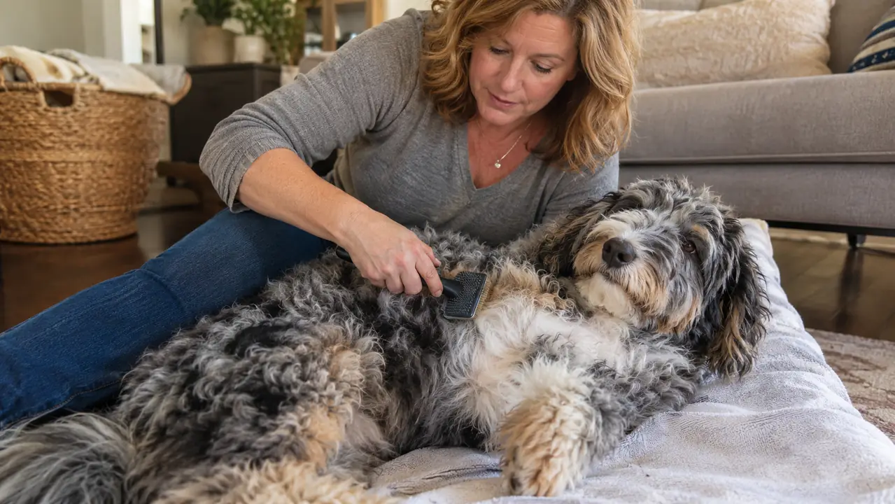 A dog lying on a living room floor while a woman in her fifties brushes the fur under the harness strap line with a slicker brush