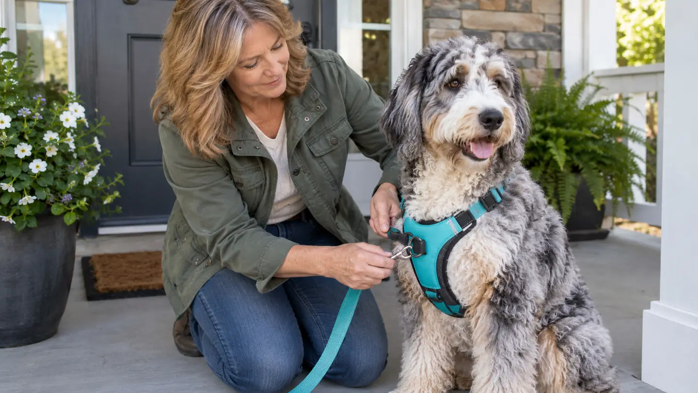 A woman in her fifties clipping a leash to the front clip of a padded harness on a large fluffy dog before a walk