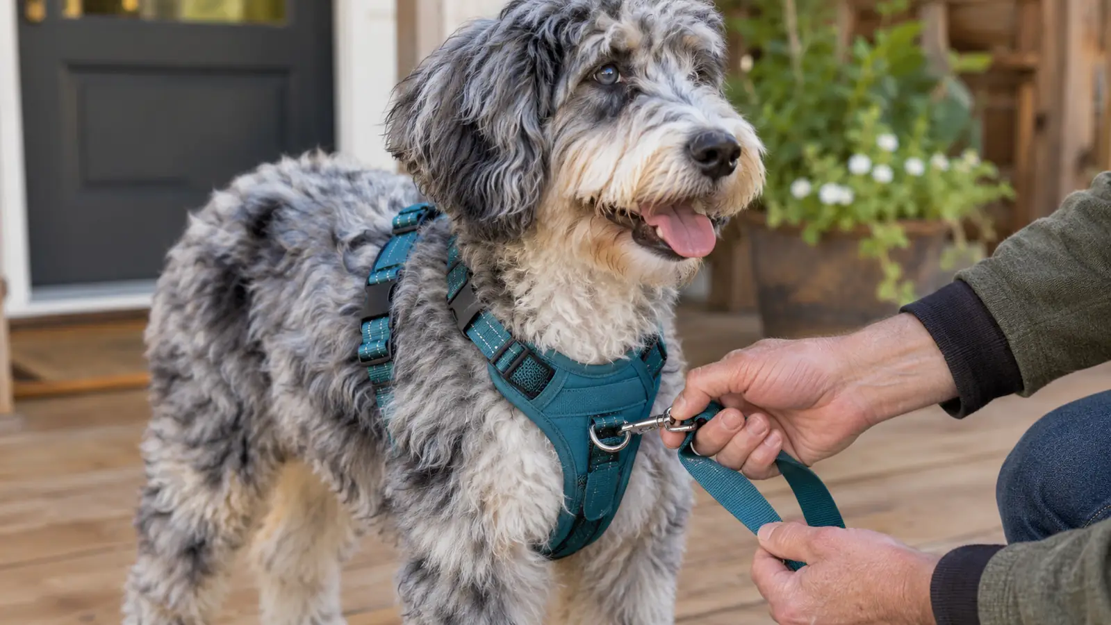 A hand clipping a leash to the front clip of a padded dog harness worn by a large fluffy dog standing on a porch.